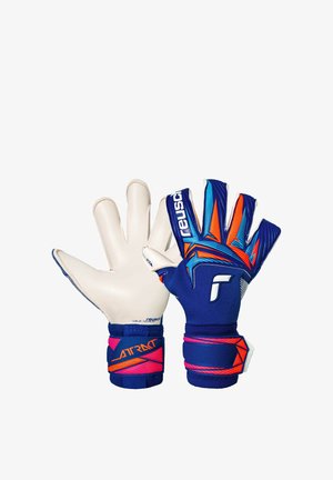 Blue goalkeeper gloves with white latex palms and colorful finger accents. Features elastic wrist straps with branding and vivid geometric patterns.