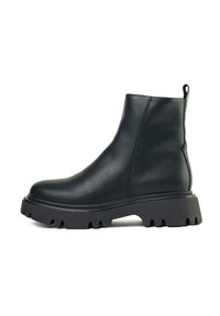 Black leather ankle boots with a chunky black sole, featuring a textured finish and a loop tab at the back for easy wear.