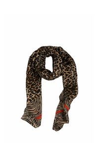 Sciarpa con stampa leopardata e strisce di zebra alle estremità, caratterizzata da tonalità di marrone, nero e crema, realizzata in un morbido tessuto testurizzato.