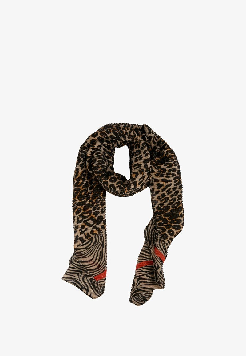 Sciarpa con stampa leopardata e strisce di zebra alle estremità, caratterizzata da tonalità di marrone, nero e crema, realizzata in un morbido tessuto testurizzato.
