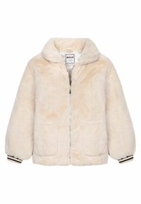 Kabát z umělé kožešiny v světlé béžové barvě se zipem, límcem, dvěma předními kapsami a pruhovanými manžetami. Měkká textura a volný střih.