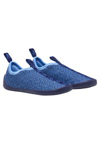 Blue and navy slip-on shoes with a textured knit upper, rubber sole, and pull tabs for easy wear. Suitable for casual, lightweight use.