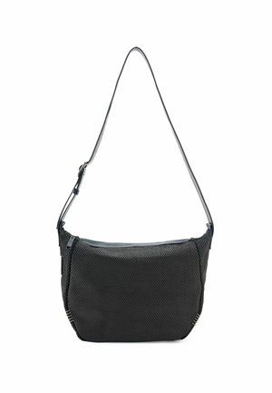 Borsa a spalla in rete nera con parte superiore in ecopelle liscia e opaca, tracolla regolabile e sottili accenti in metallo. Design spazioso.