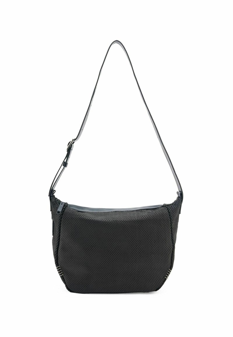 Borsa a spalla in rete nera con parte superiore in ecopelle liscia e opaca, tracolla regolabile e sottili accenti in metallo. Design spazioso.