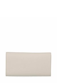 Beige leren portemonnee met een gladde textuur, slanke rechthoekige vorm, bovenste stikdetails en een minimalistisch ontwerp.