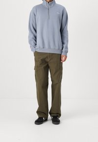 Light blue zippered sweatshirt, cotton blend, ribbed cuffs; olive green cargo pants with side pockets, cotton, relaxed fit, worn with black sneakers.