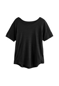 Zwart T-shirt met korte mouwen, gemaakt van lichte stof, met een ruime halslijn, een ontspannen pasvorm en een subtiele horizontale textuur.