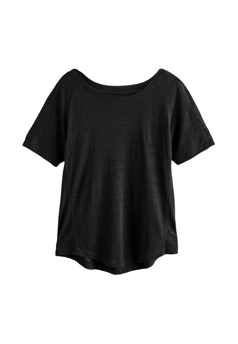 Zwart T-shirt met korte mouwen, gemaakt van lichte stof, met een ruime halslijn, een ontspannen pasvorm en een subtiele horizontale textuur.