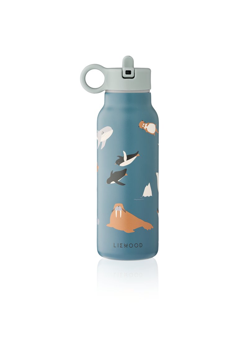 Μπλε ανοξείδωτη φιάλη νερού με καπάκι που βιδώνει, που απεικονίζει θαλάσσιους οργανισμούς σε πορτοκαλί, λευκό και γκρι χρώμα πάνω σε μπλε φόντο.