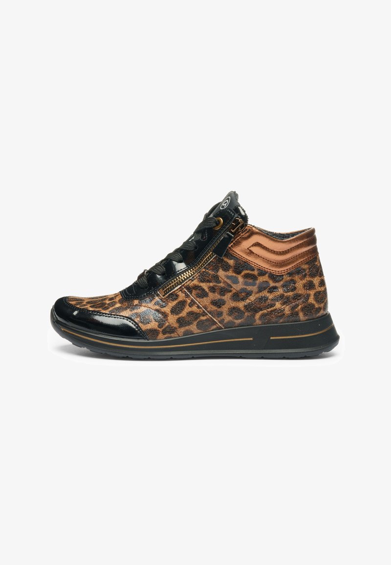 High-top sneaker with leopard print, black patent toe and laces, side zipper, and metallic bronze ankle accent on black sole.