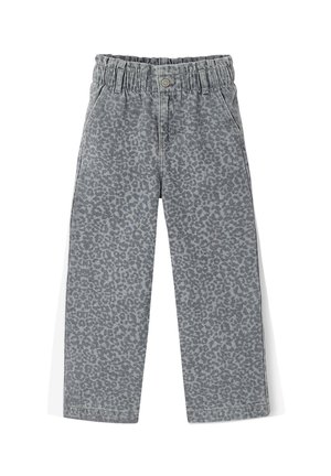 Graue Hose mit elastischem Bund und Knopfverschluss mit dezentem Leopardenmuster, gerader Schnitt und Vordertaschen.