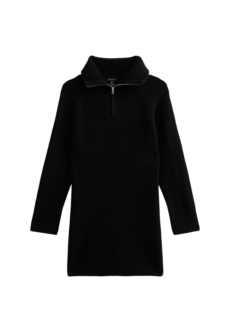 Schwarzer Pullover mit Ribbelkragen und halbem Reißverschluss. Hat lange Ärmel und eine lockere Passform, gefertigt aus einem weichen, strukturierten Stoff.