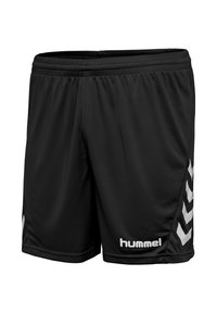 Schwarze Sportshorts mit elastischem Bund, weißem Chevron-Streifen an den Seiten und weißem „hummel“-Logo vorne am linken Bein.