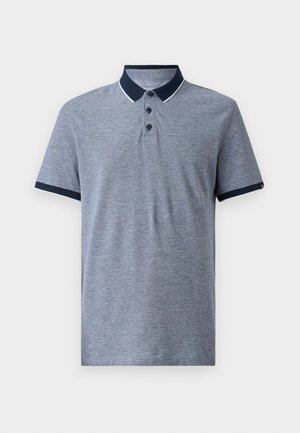 Grijs polo t-shirt met korte mouwen, voorzien van een marineblauwe kraag en mouwboorden. Bevat drie zwarte knopen en een subtiele gemêleerde structuur.
