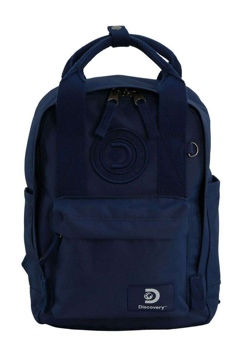 Navy blue backpack made of durable fabric, featuring dual handles, zippered compartments, a circular logo, and a front pocket.