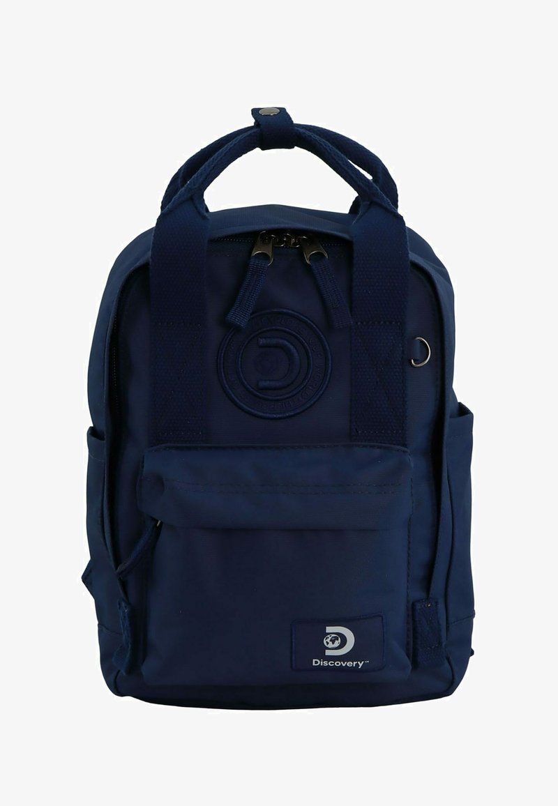 Navy blue backpack made of durable fabric, featuring dual handles, zippered compartments, a circular logo, and a front pocket.