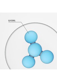 Structure moléculaire bleue avec trois sphères reliées par des liaisons argentées, étiquetée "GLYCÉROL", sur fond blanc.