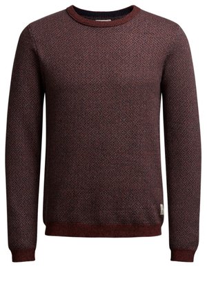 Bordeauxroter Pullover mit Rundhalsausschnitt, langen Ärmeln und einem dezenten Diamantmuster im gesamten Stoff, Rippenbündchen und Saum.