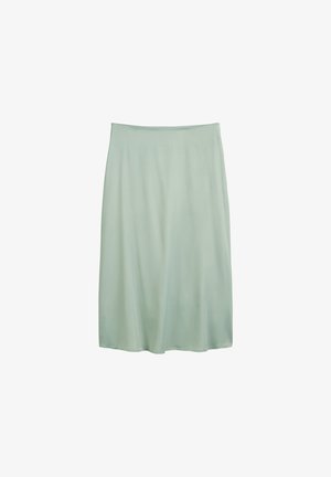 Hellgrüner A-Linien-Rock aus glattem Stoff. Hat einen breiten Bund und fällt bis zur Mitte des Oberschenkels mit einem fließenden Design.