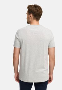 Grijze T-shirt met korte mouwen en een ronde hals, van zachte stof met een ontspannen pasvorm. De achterkant heeft een gladde, eenvoudige uitstraling zonder grafische elementen.