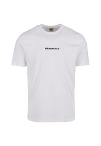 White short-sleeve t-shirt made of cotton with a round neckline. Features dark lettering "88POLICE" centered on the chest.