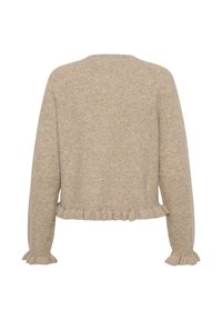 Bež pleten pulover s skrajšanim dizajnom, z rebrastim robom in volančki na manšetah. Mehak material, dolgi rokavi, preprost hrbtni del.