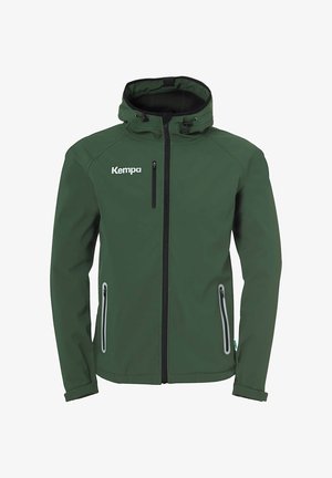Groene softshell jas met een ritssluiting aan de voorkant, twee zijzakken met ritsen en het 'Kempa' logo op de linkerborst.