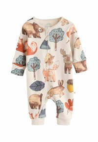 Babystrampler aus weichem Stoff mit einem cremefarbenen Hintergrund und bunten Tier- und Baumdrucken im Aquarellstil. Mit langen Ärmeln und Reißverschluss.