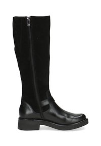 Botas negras hasta la rodilla con punta de cuero liso y caña de ante texturizado. Cuentan con una cremallera lateral y un tacón bajo y grueso.