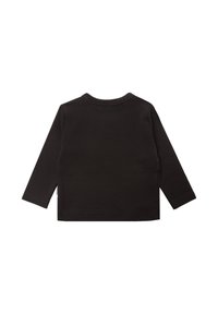 Schwarzes Langarm-Chemise aus Baumwolle mit rundem Ausschnitt und geradem Schnitt. Glatte Textur, keine sichtbaren Muster oder Akzente. Rückansicht angezeigt.