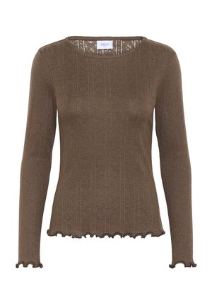 Brown ribbed long-sleeve sweater with lettuce hem detailing at cuffs and bottom, featuring a round neckline and a slim fit.