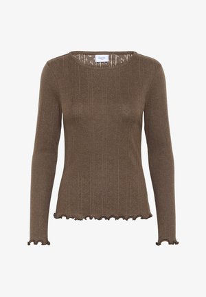 Barna bordás, hosszú ujjú pulóver, saláta élvarrással az ujjaknál és az alján, kerek neckline-nel és karcsú fazonnal.