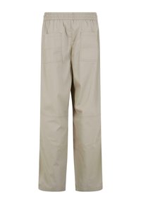 Beige cargo pants with a wide-leg design, elastic waistband, and two large back pockets. Made from lightweight, durable fabric.