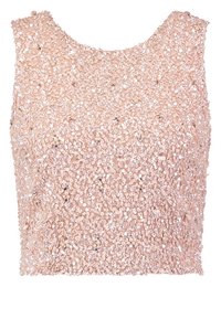 Funkelndes, ärmelloses Top mit rundem Ausschnitt, das mit zartrosa Pailletten bedeckt ist und einen strukturierten, schimmernden Effekt auf dem gesamten Stoff erzeugt.