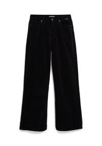 Schwarze Cordhose mit weitem Bein, strukturierten Oberflächen, fünf Taschen und Knopfverschluss. Flacher Taillendesign mit dezentem Branding.