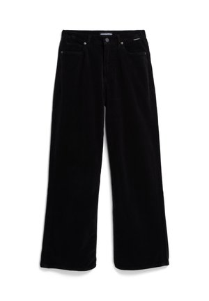 Zwarte corduroy wijde broek met een gestructureerd oppervlak, vijf zakken en een knoopsluiting. Platte taillebandontwerp met subtiele branding.