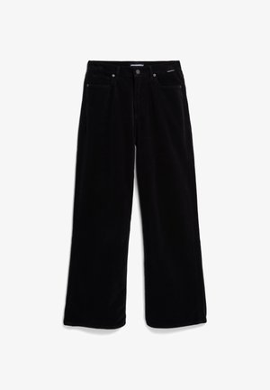 Zwarte corduroy wijde broek met een gestructureerd oppervlak, vijf zakken en een knoopsluiting. Platte taillebandontwerp met subtiele branding.
