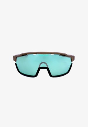 Occhiali da sole sportivi con montatura marrone e grandi lenti avvolgenti tinte di blu-verde, con dettagli neri.