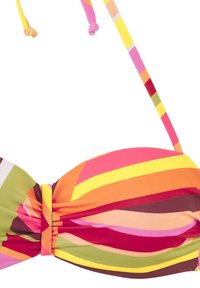 Bikini viršus bandeau stiliaus, puošiančios ryškias multicolor įstrižaines rožine, oranžine, geltona ir žalia spalvomis, su reguliuojamais dirželiais.
