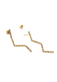 Pendientes en tono dorado con un diseño en zigzag, que presentan piedras multicolores y un cierre de tipo a presión. Incluye un acento de cilindro removible.