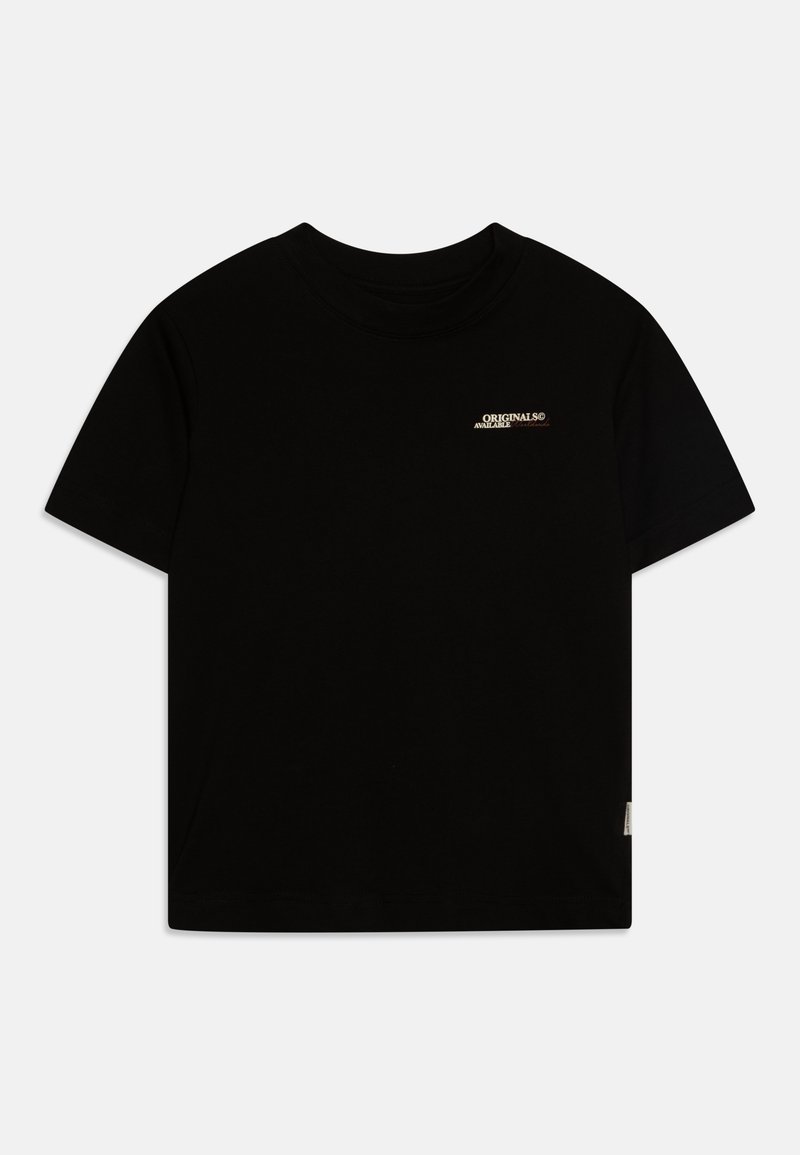 T-shirt preta feita de algodão, com decote redondo, mangas curtas e um pequeno logótipo bordado na frente. Design simples e clássico.