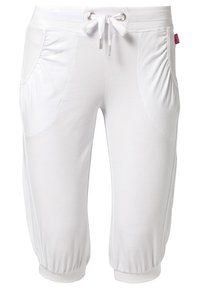 Vita korta byxor i mjukt tyg med elastisk midja, snörning, sidofickor och sammanknuttna detaljer vid nederkanten.