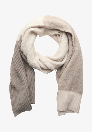 Strikket tørklæde med tekstur i nuancer af grå og creme, med et delt design og ribbede detaljer samt et blødt, fluffy stof.