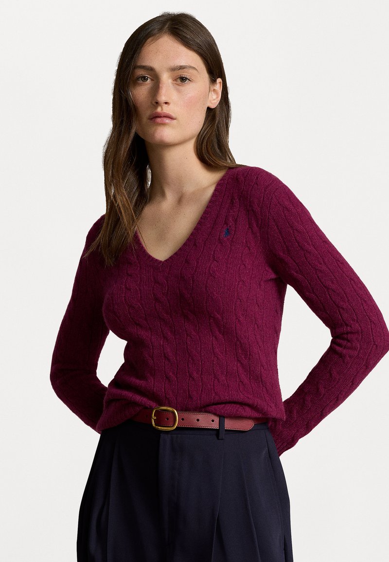 Polo Ralph Lauren CABLE KNIT WOOL CASHMERE V-NECK SWEATER - Pulóver - plum heather