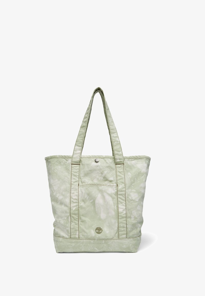 Light green tote bag with a smooth, glossy texture, featuring two long straps, a front pocket, and subtle tie-dye patterns.