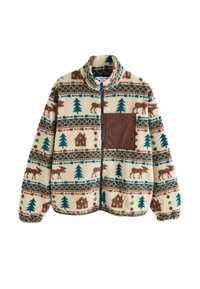 Kurtka z polaru zapinana na zamek z kremową podstawą, z brązową kieszenią na piersi. Wzór zawiera drzewa, domy i łosie w brązowych i zielonkawych odcieniach.