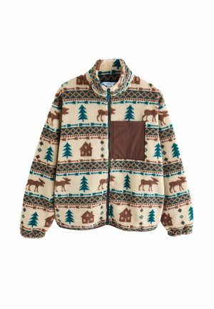 Fleece-Jacke mit Reißverschluss in Cremefarbe, mit einer braunen Brusttasche. Design mit Bäumen, Häusern und Elchen in braunen und türkisfarbenen Mustern.