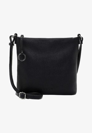 Black leather crossbody bag with a textured surface, adjustable strap, and a silver hardware ring accent. Features brand logo on the front.