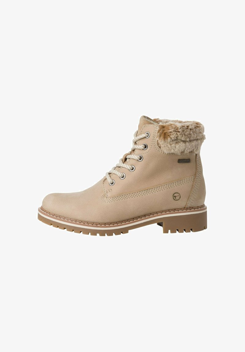 Beige ankelstövlar med fuskpäls, rund tå och snörning. Har en texturerad ovandel och en hållbar gummisula med bra grepp.