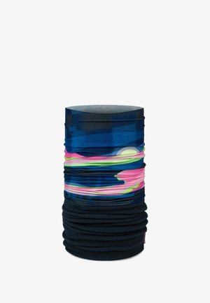 Bufanda tubular multifuncional en azul, con coloridos patrones abstractos, fabricada con una tela elástica y transpirable con textura fruncida.